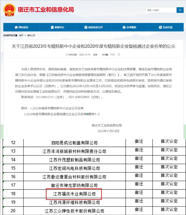 Fuqing Wood Industry Won the 2023 Jiangsu Province Specialized Special New ''Little Giant'' Enterprise Title