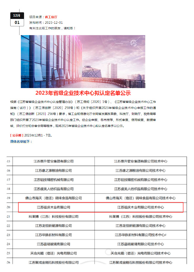Jiangsu Fuqing Wood Industry Co., Ltd. Technology Center Through the Provincial Technology Center Identification